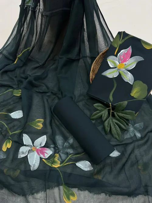Elegant Hand-Painted Cotton Suit Set with Lightweight Chiffon Dupatta